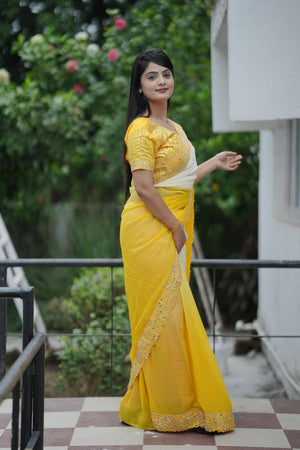 Yellow Solid with Mirror Work Border Georgette Saree (ACA7212)