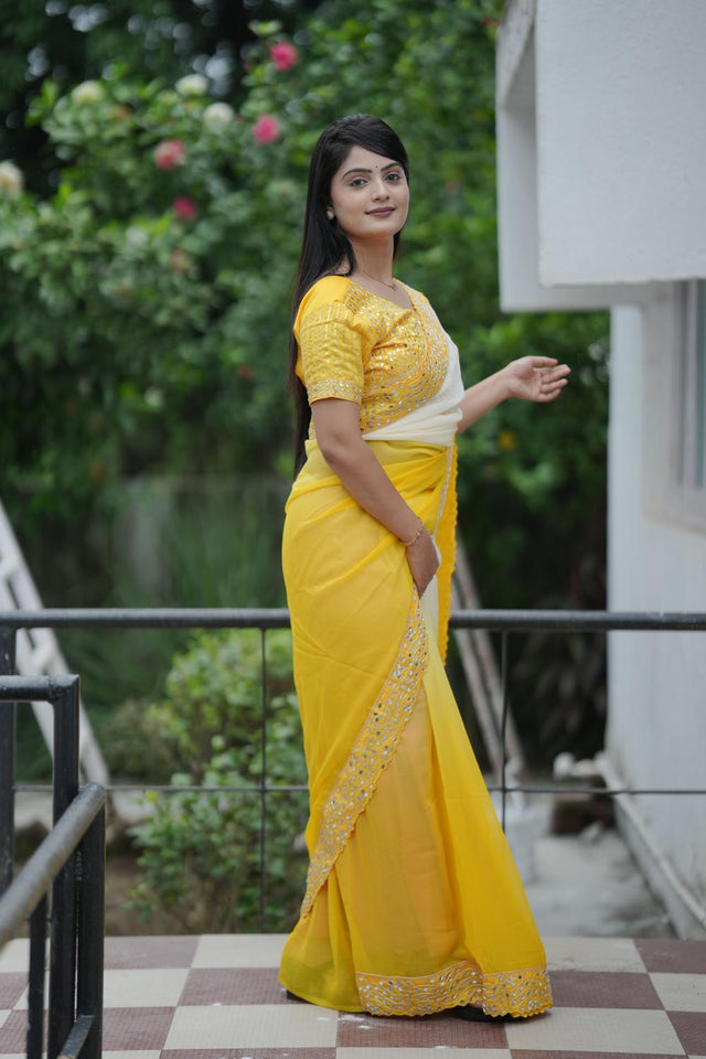 Yellow Solid with Mirror Work Border Georgette Saree (ACA7212)