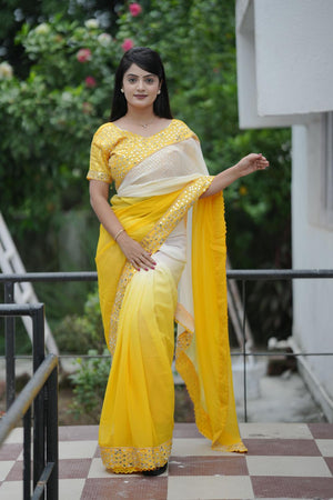 Yellow Solid with Mirror Work Border Georgette Saree (ACA7212)