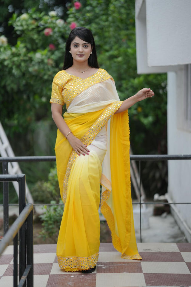 Yellow Solid with Mirror Work Border Georgette Saree (ACA7212)