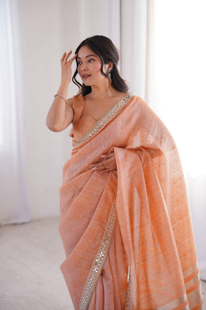 Peach Woven with Mirror Work Border Cotton Saree (ACA7213)