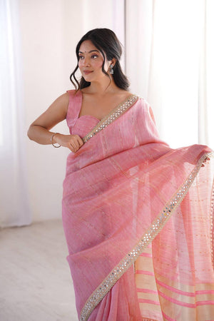 Pink Woven with Mirror Work Border Cotton Saree (ACA7214)
