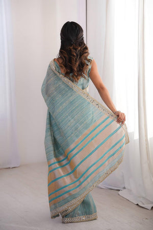 Blue Woven with Mirror Work Border Cotton Saree (ACA7215)