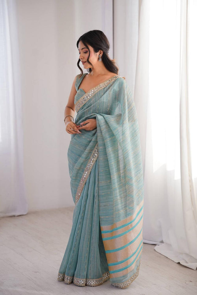 Blue Woven with Mirror Work Border Cotton Saree (ACA7215)