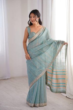 Blue Woven with Mirror Work Border Cotton Saree (ACA7215)
