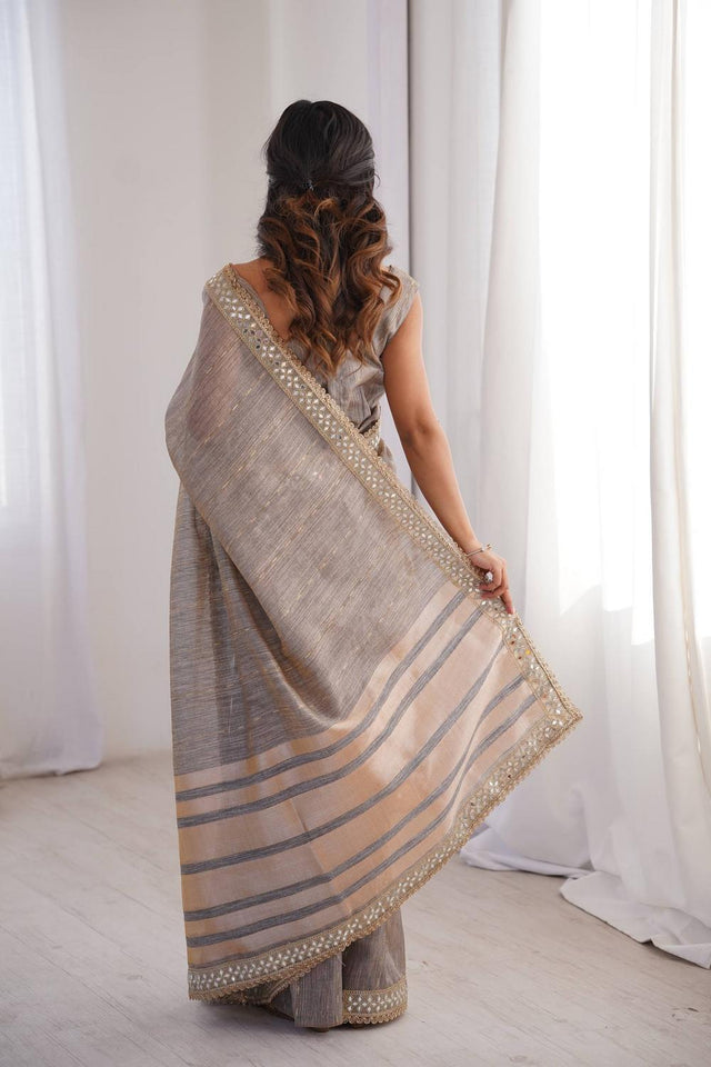 Grey Woven with Mirror Work Border Cotton Saree (ACA7216)