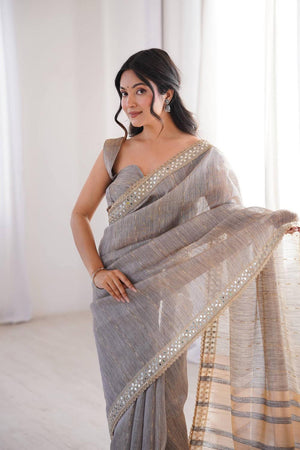 Grey Woven with Mirror Work Border Cotton Saree (ACA7216)