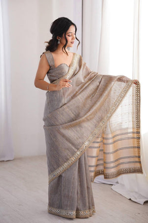 Grey Woven with Mirror Work Border Cotton Saree (ACA7216)