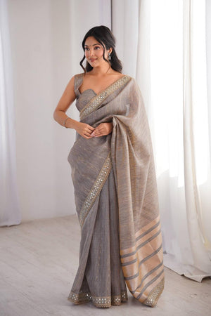 Grey Woven with Mirror Work Border Cotton Saree (ACA7216)
