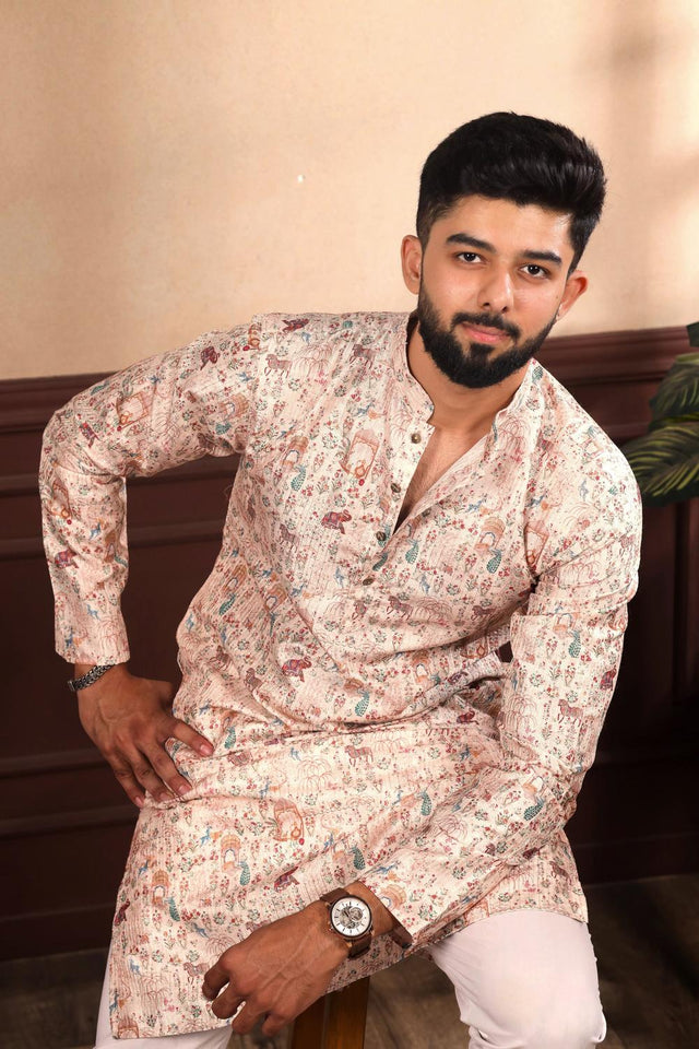 Mens Beige Floral Printed Cotton Kurta Set (ACA7222)