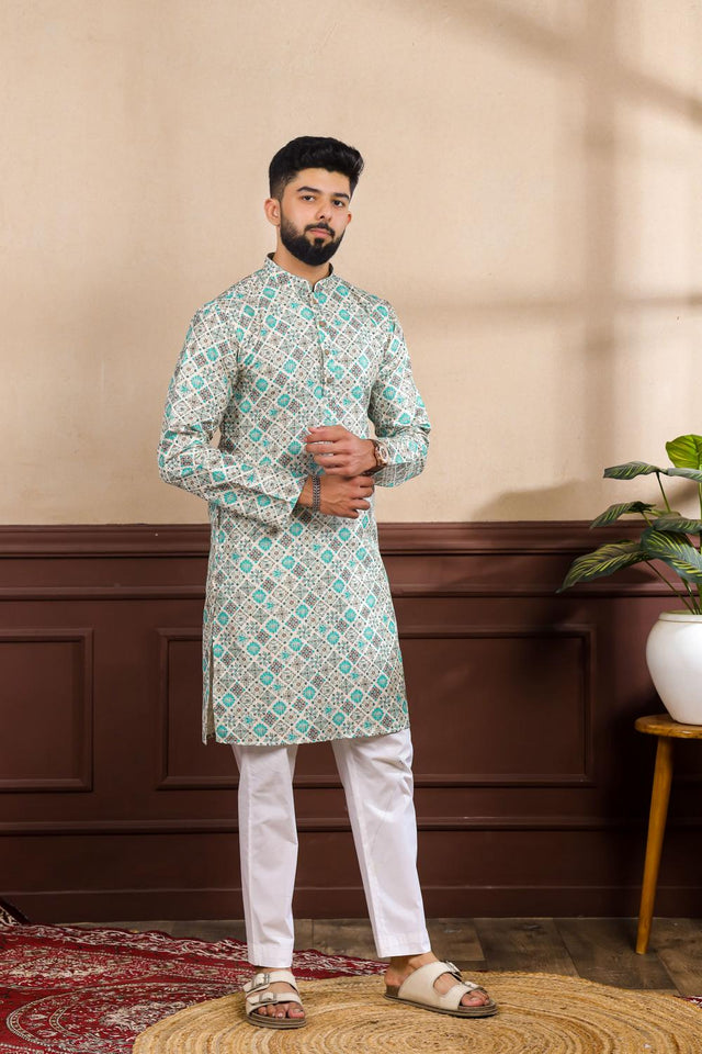 Mens Blue Floral Printed Cotton Kurta Set (ACA7223)