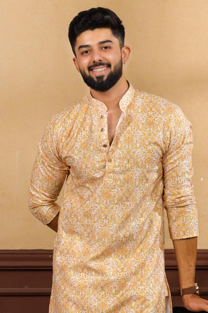 Mens Gold Printed Cotton Kurta Set (ACA7224)