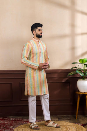 Mens Multi Color Printed Art Silk Kurta Set (ACA7225)