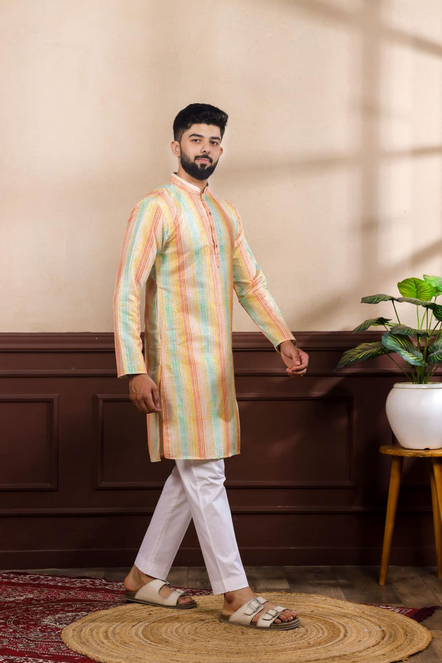 Mens Multi Color Printed Art Silk Kurta Set (ACA7225)