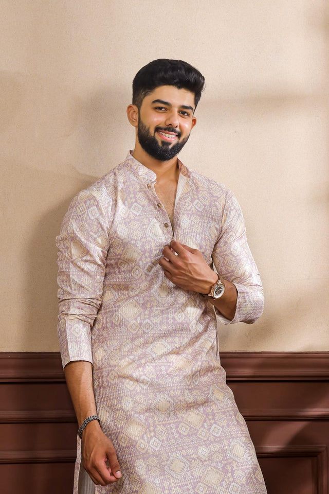 Mens Lavender Printed Art Silk Kurta Set (ACA7226)