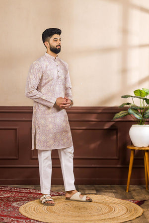 Mens Lavender Printed Art Silk Kurta Set (ACA7226)