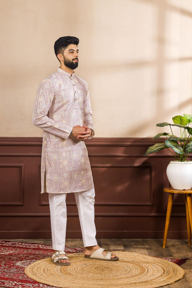 Mens Lavender Printed Art Silk Kurta Set (ACA7226)