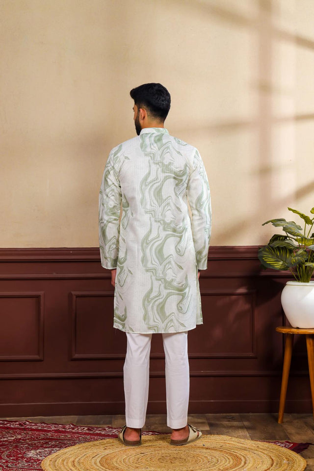 Mens Green Printed Art Silk Kurta Set (ACA7227)