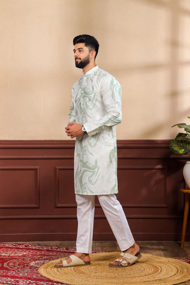 Mens Green Printed Art Silk Kurta Set (ACA7227)