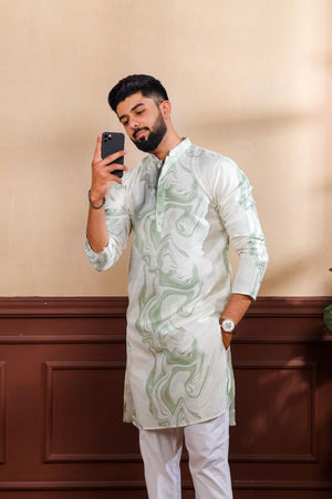 Mens Green Printed Art Silk Kurta Set (ACA7227)
