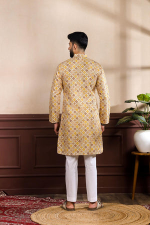 Mens Mustard Printed Art Silk Kurta Set (ACA7228)