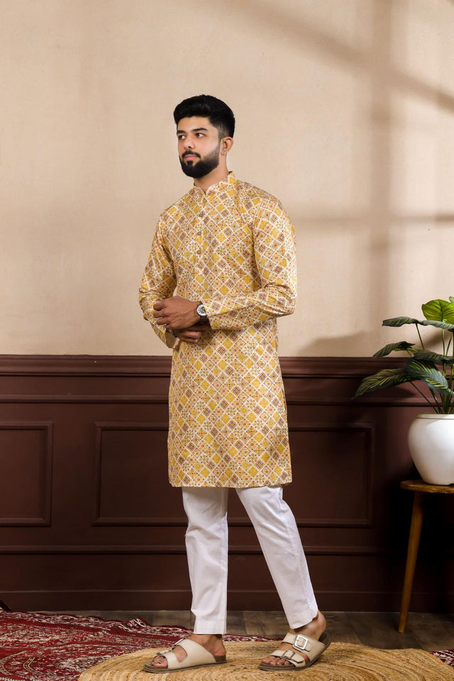 Mens Mustard Printed Art Silk Kurta Set (ACA7228)