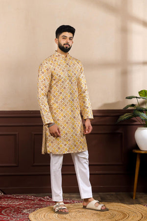 Mens Mustard Printed Art Silk Kurta Set (ACA7228)