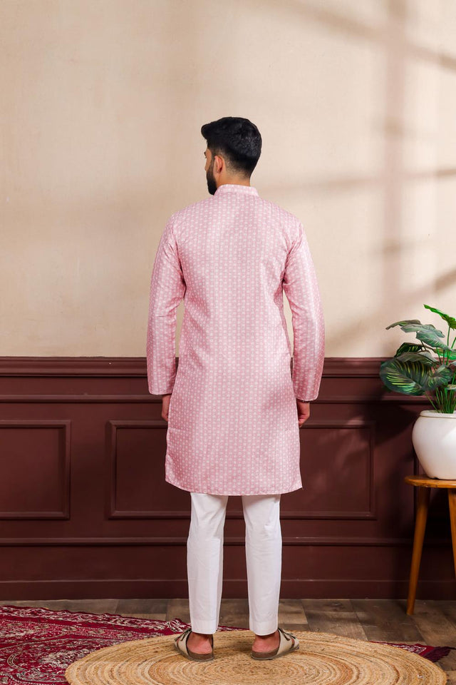 Mens Pink Printed Art Silk Kurta Set (ACA7230)