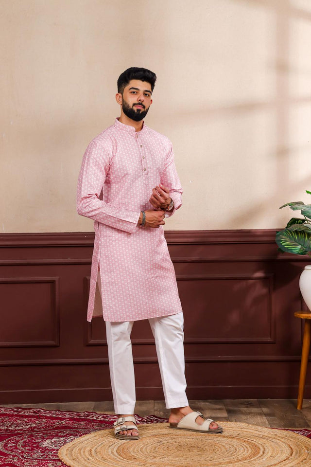 Mens Pink Printed Art Silk Kurta Set (ACA7230)