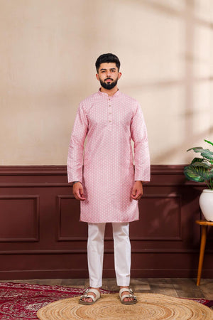 Mens Pink Printed Art Silk Kurta Set (ACA7230)