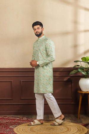 Mens Green Printed Art Silk Kurta Set (ACA7231)
