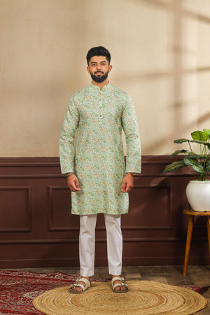 Mens Green Printed Art Silk Kurta Set (ACA7231)