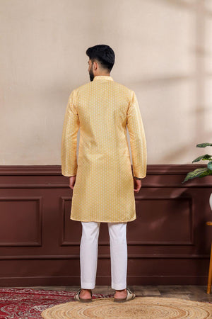 Mens Yellow Printed Art Silk Kurta Set (ACA7234)