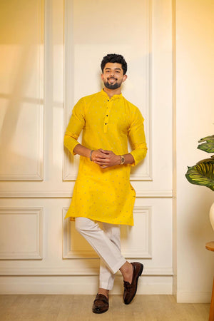 Mens Yellow Woven Cotton Kurta Set (ACA7235)