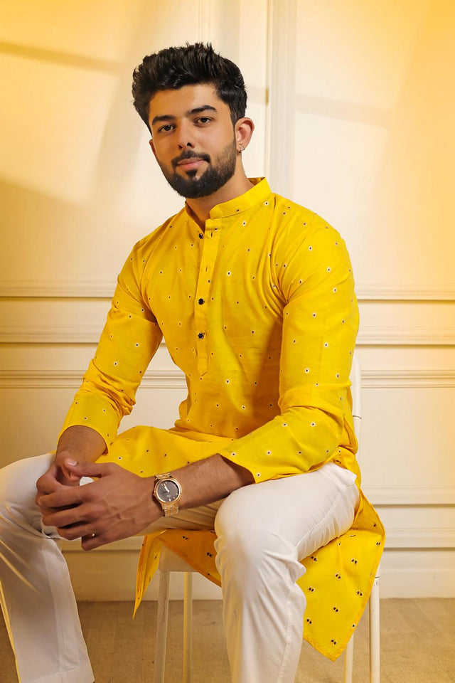 Mens Yellow Woven Cotton Kurta Set (ACA7235)
