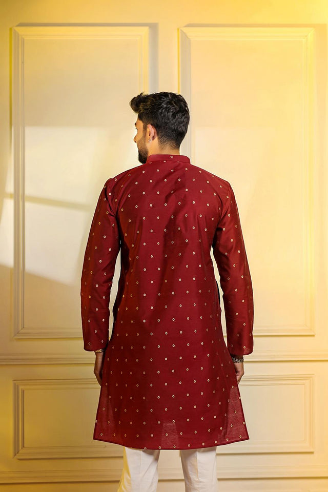 Mens Maroon Woven Cotton Kurta Set (ACA7237)