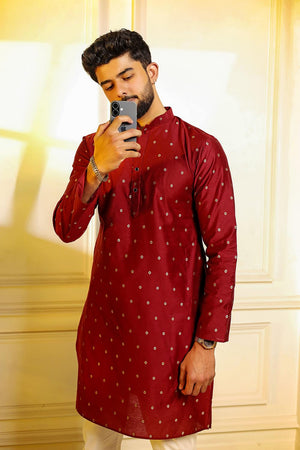 Mens Maroon Woven Cotton Kurta Set (ACA7237)