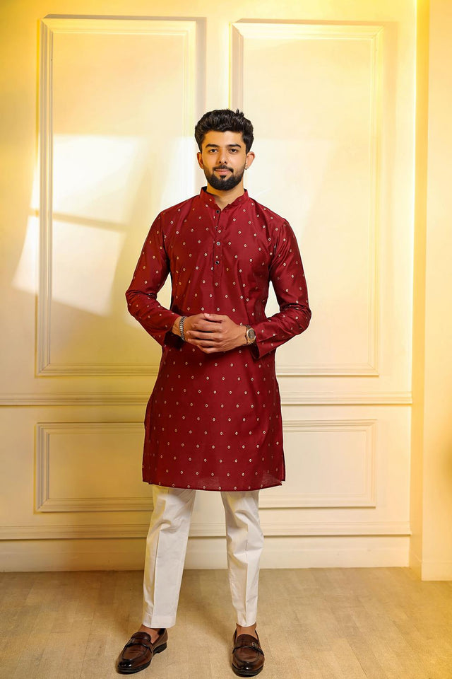Mens Maroon Woven Cotton Kurta Set (ACA7237)