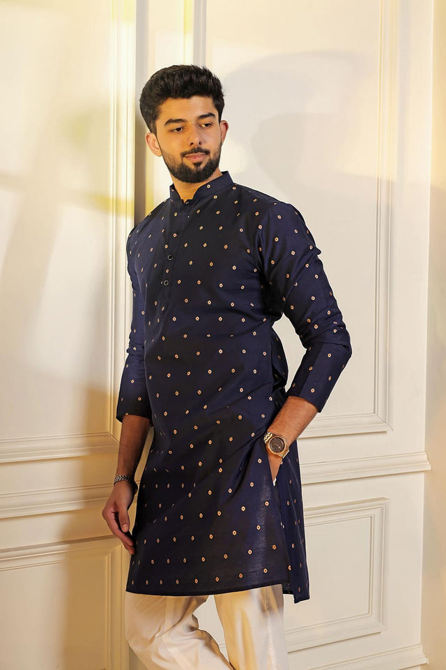 Mens Blue Woven Cotton Kurta Set (ACA7238)