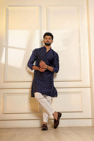 Mens Blue Woven Cotton Kurta Set (ACA7238)