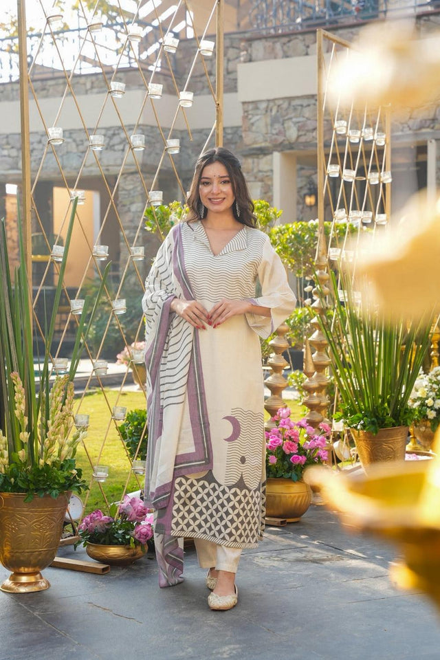 Cream Printed Muslin Straight Cut Suits (ACA7241)