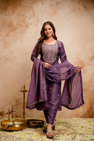 Pink Floral Embroidered Chanderi Straight Cut Suits (ACA7242)