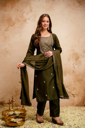 Mehendi Floral Embroidered Chanderi Straight Cut Suits (ACA7243)