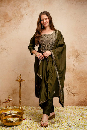 Mehendi Floral Embroidered Chanderi Straight Cut Suits (ACA7243)