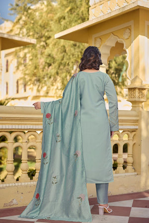 Blue Floral Embroidered Chanderi Straight Cut Suits (ACA7244)