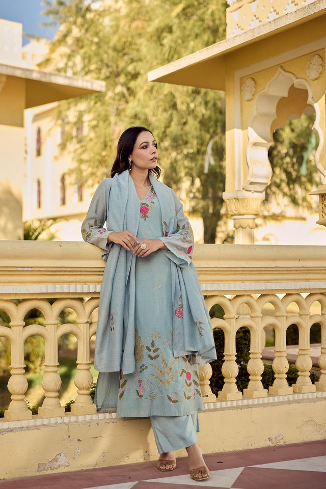 Blue Floral Embroidered Chanderi Straight Cut Suits (ACA7244)