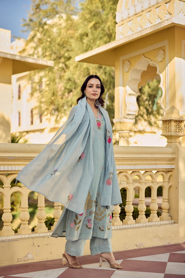 Blue Floral Embroidered Chanderi Straight Cut Suits (ACA7244)