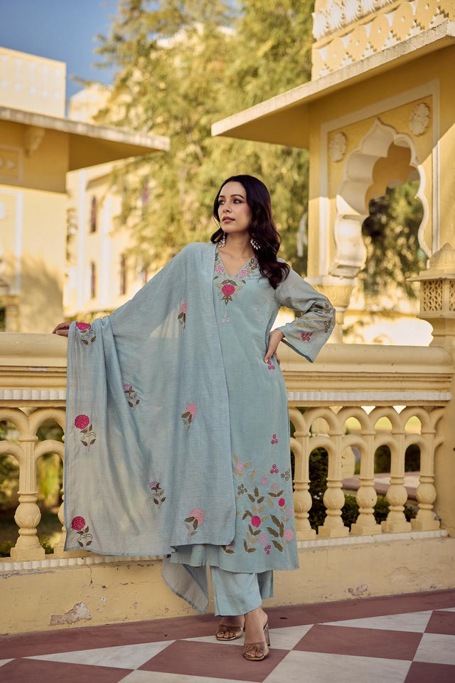Blue Floral Embroidered Chanderi Straight Cut Suits (ACA7244)