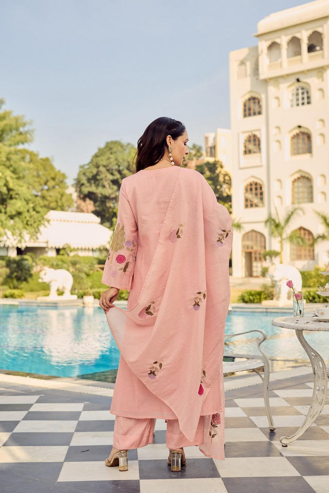 Peach Floral Embroidered Chanderi Straight Cut Suits (ACA7245)