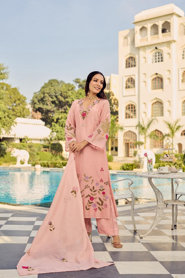 Peach Floral Embroidered Chanderi Straight Cut Suits (ACA7245)